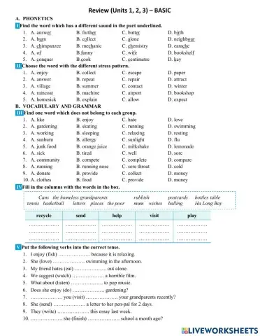 Test  - Class 7 - Review 1 (Unit 1,2,3 - Basic)