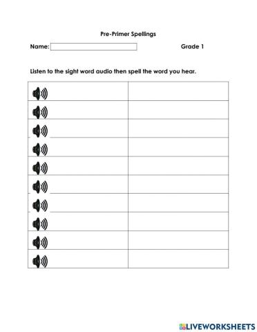 Pre-Primer Sight words