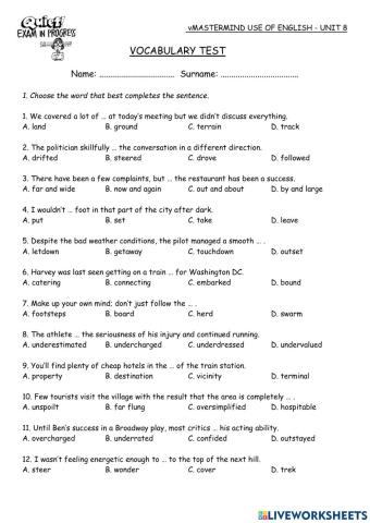 Mastermind Unit 8 Vocabulary Test