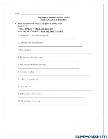 Present perfect worksheet