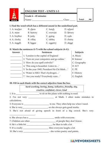 Grade 6 - Mock test Unit 1, 2, 3