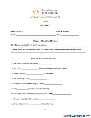 Chapter 1 - Places Near my Home - Live Worksheet