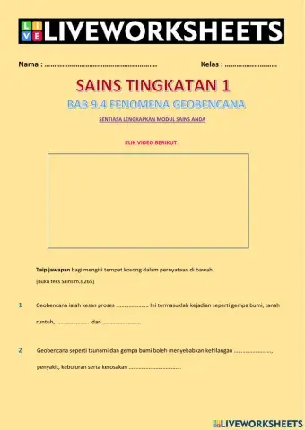 Sains Tingkatan 1 Bab 9.4 Fenomena Geobencana