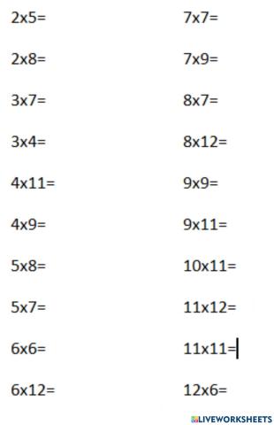 Multiplicaciones salteadas 2 a 12