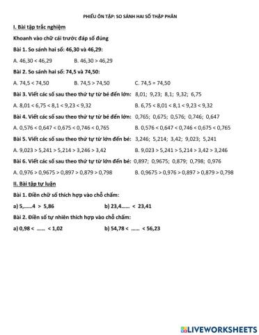 Ôn tập So sánh hai số thập phân