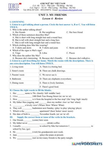 UNIT 3 Grade 6: MY FRIENDS