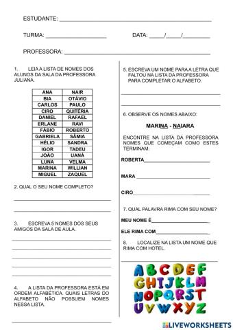 Lista em ordem alfabética