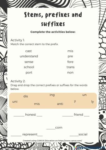 Prefixes, suffixes and stems