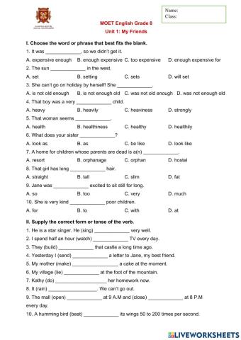 MOET English Grade 8 Unit 1