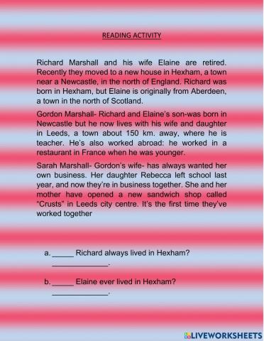 Present perfect- Reading