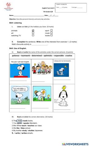 Test unit 9 - 7th grade