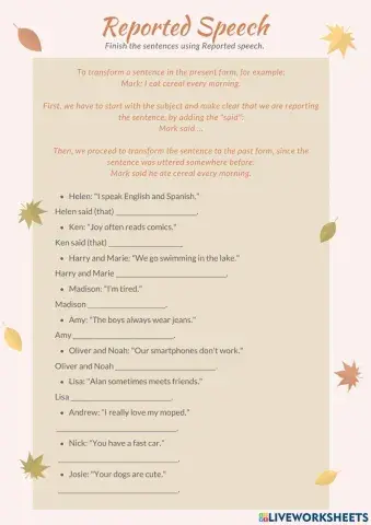 Reported speech present tense worksheet