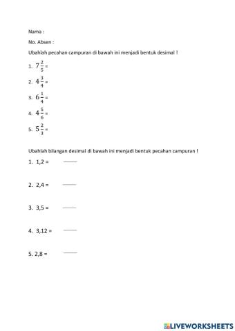 Pecahan campuran menjadi desimal dan sebaliknya