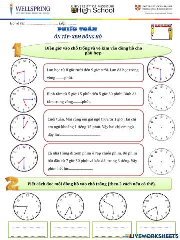 Phiếu ôn tập về đồng hồ