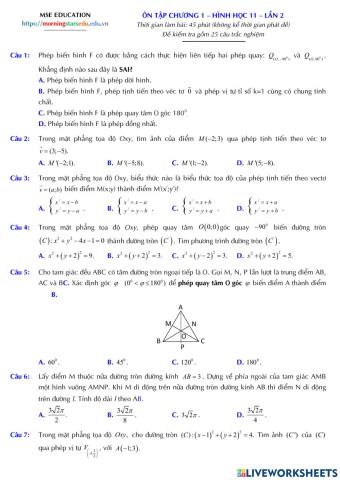 Hình học 11 - Đề ôn tập chương 1 - Lần 2