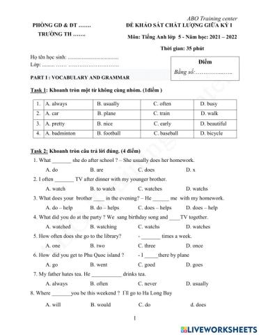 Grade 5 mini test (ktra giữa kì 1)