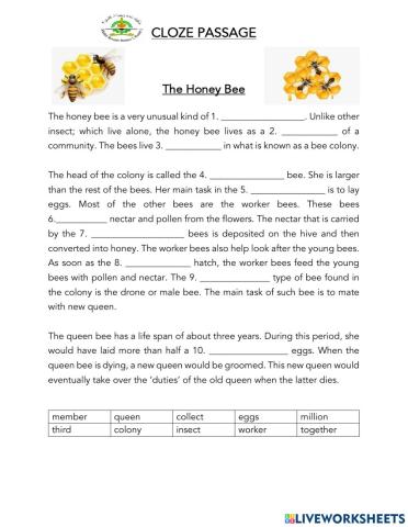 CLOZE PASSAGE - The Honey Bee