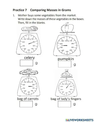 Comparing mass in grams