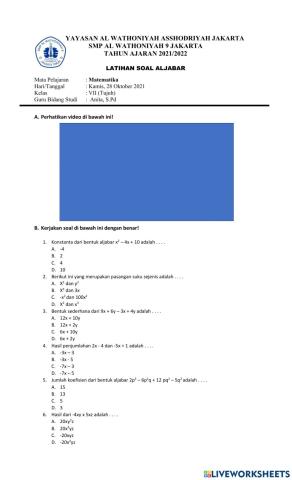 Soal latihan aljabar