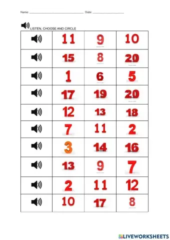 Numbers 1-20 listening