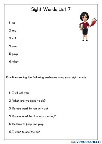 Sight words list 7 with sentences