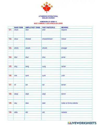 Homework of verbs 12