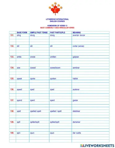 Homework of verbs 13