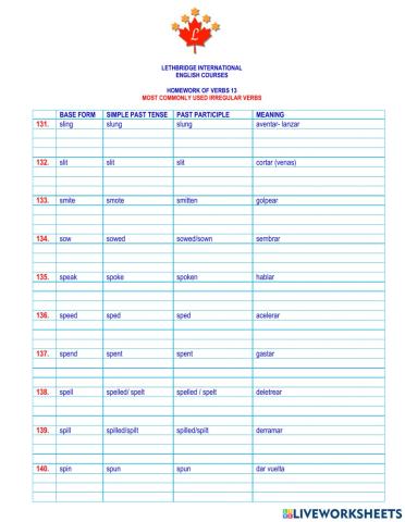 Homework of verbs 13