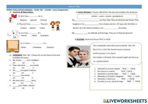 Paises- Nacionalidades- Verbo BE- Familia -Lectura