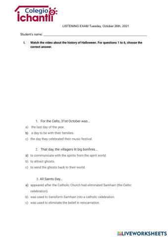 LISTENING 1° trimontly exam 7th grade