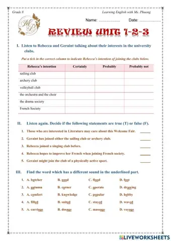 English 8 - Review Unit 1-2-3 - Advanced