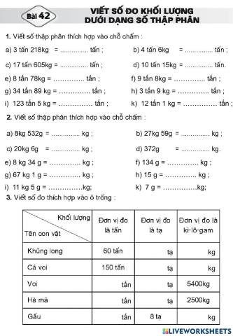 SBT Bài 42: Viết số đo khối lượng dưới dạng số thập phân