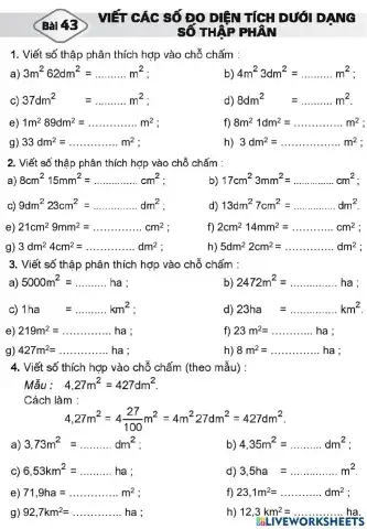 SBT Bài 43: Viết số đo diện tích dưới dạng STP