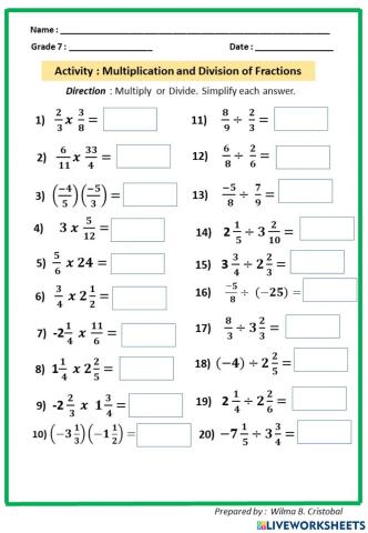 Multiplication and division of fractions activity
