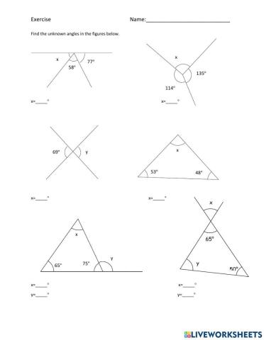 Find in unknown angles in straight lines and triangles