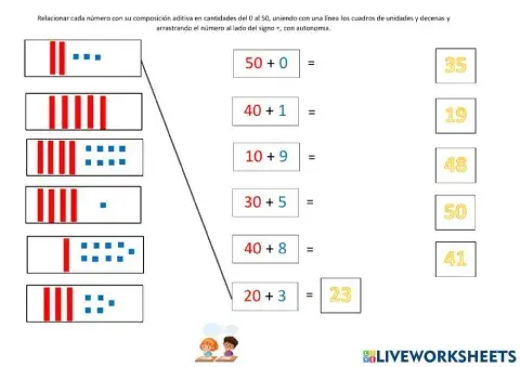 Ficha de descomposición y composición numérica del 0 al 50