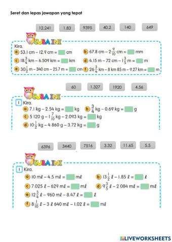 Tolak panjang, jisim dan isi padu cecair