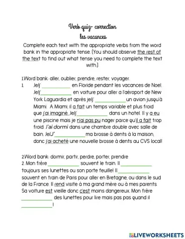Quiz verbs vacation 3 tenses