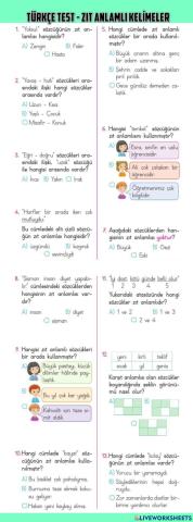 Türkçe Zıt Anlamlı Sözcükler TEST