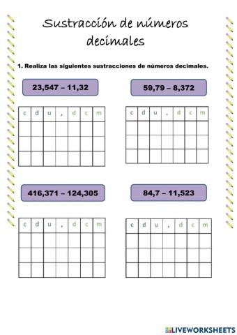 Sustracción de números decimales