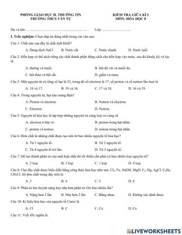 Kiểm tra giữa kì I - Hóa 8