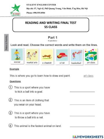 Reading and writing- final test-s5 class
