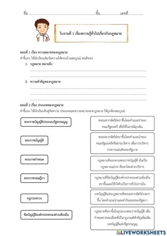 ใบงานที่ 1 เรื่องความรู้ทั่วไปเกี่ยวกับกฎหมาย
