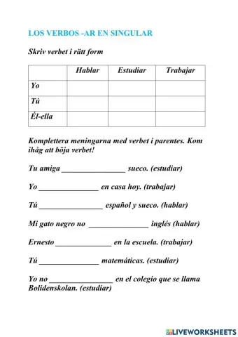 Verbos -ar en singular