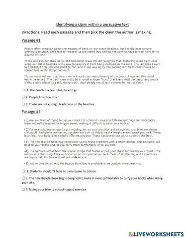 Identifying a claim within a persuasive text