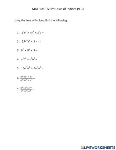Worksheet on INDICES