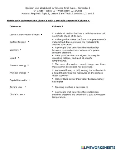 Revision Worksheet: States and Changes of States, Gas behavior