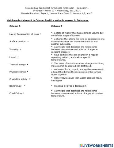 Revision Worksheet: States and Changes of States, Gas behavior