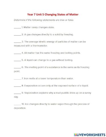 Year 7 Unit 5 Explaining Changes in States of Matter