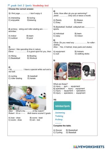 7th grade Unit 2 Sports Vocabulary test